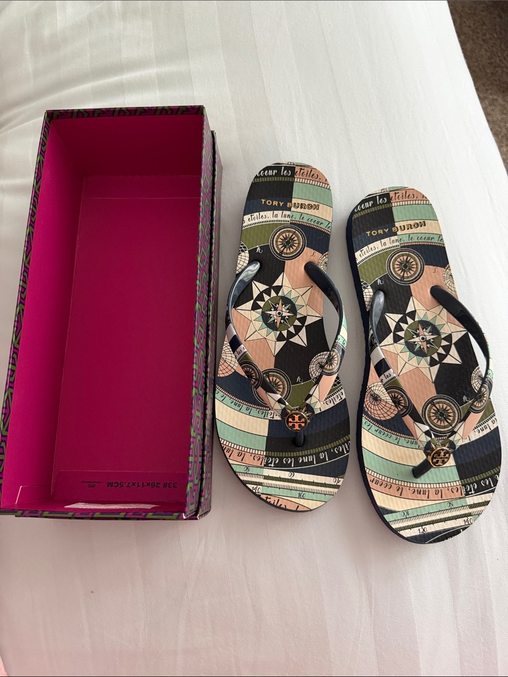 Tory Burch Black Multicolor Compass-Print Flip Flops